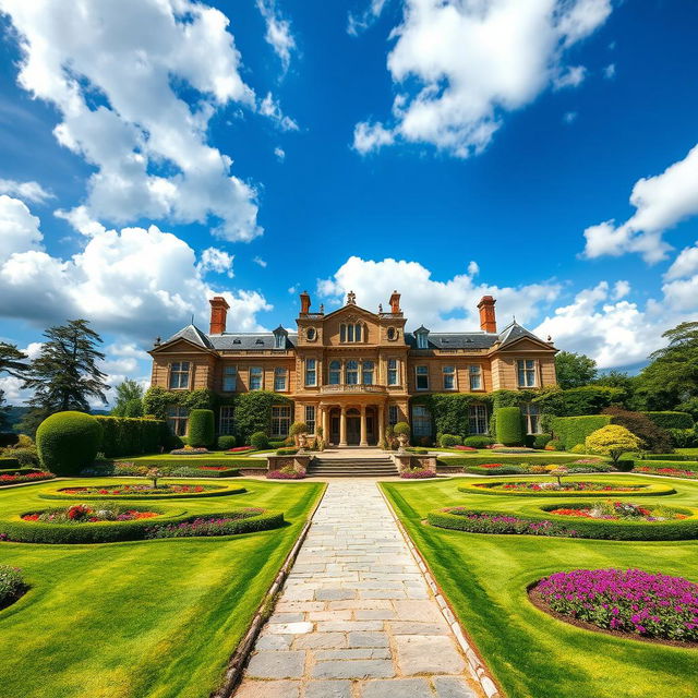 An exquisite 1800s country manor, belonging to a Duke, surrounded by lush gardens and sprawling landscapes