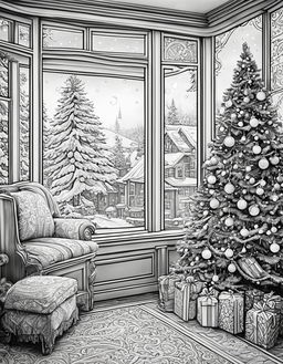 An intricate adult coloring page featuring a detailed Christmas scene with a decorated tree, gifts, a fireplace with stockings, and a snowy landscape outside a window