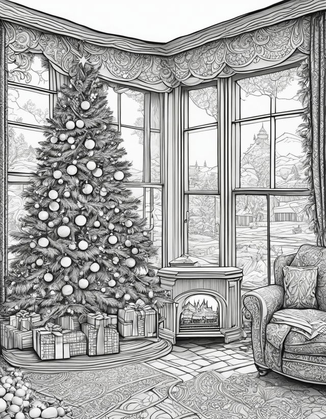 An intricate adult coloring page featuring a detailed Christmas scene with a decorated tree, gifts, a fireplace with stockings, and a snowy landscape outside a window