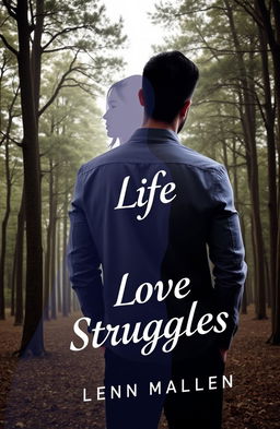 A book cover featuring a modern man looking confused about his love life, standing with his back to the viewer, gazing thoughtfully at a forest of trees in the background