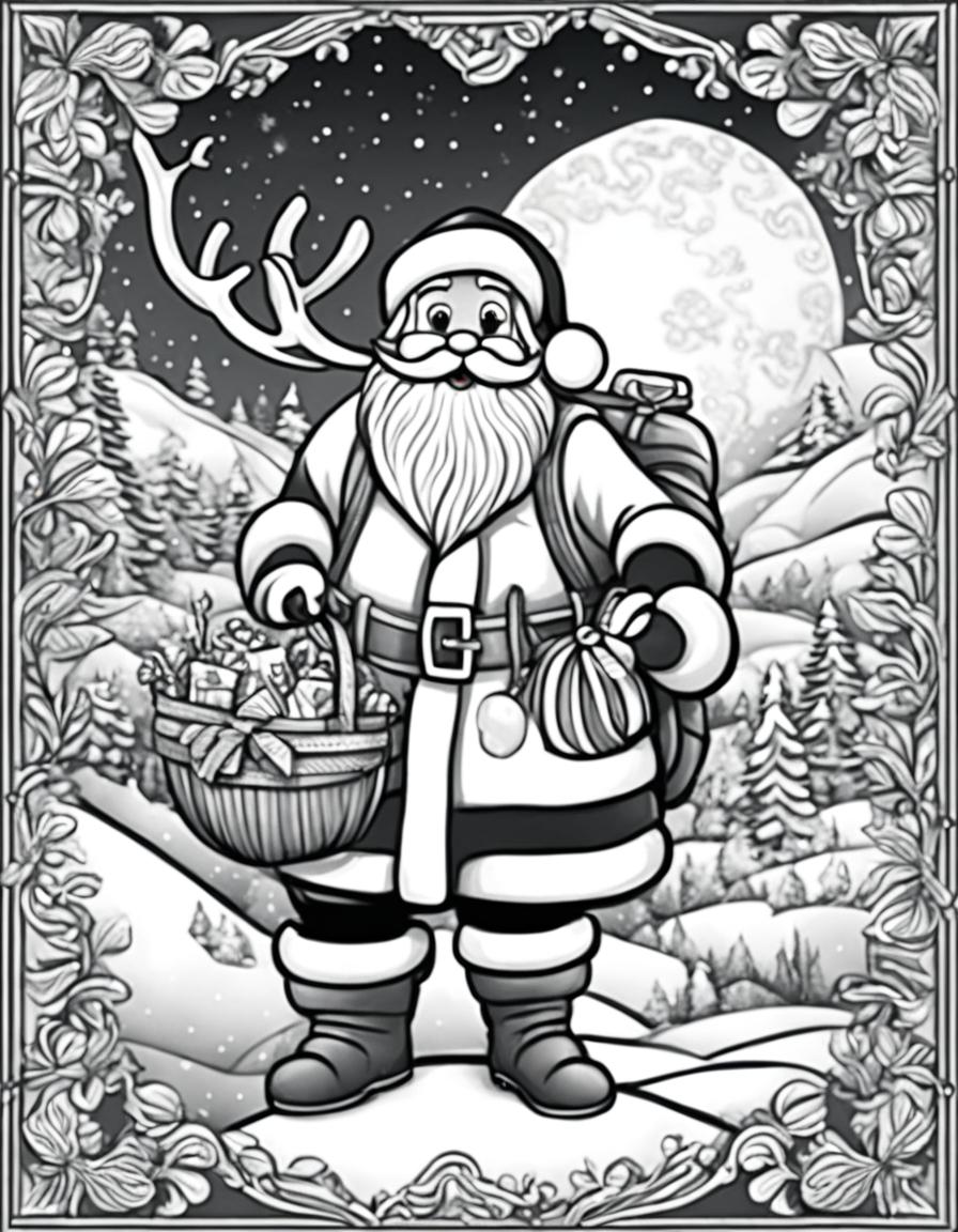 An adult coloring page featuring a detailed image of Santa Claus with his sack of gifts, reindeer, and a snowy North Pole landscape