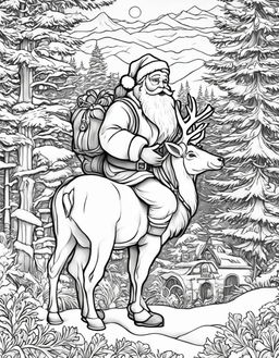 An adult coloring page featuring a detailed image of Santa Claus with his sack of gifts, reindeer, and a snowy North Pole landscape