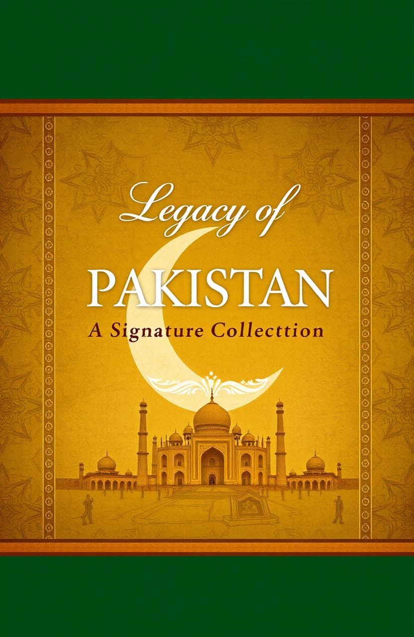 A beautifully designed book cover for 'Legacy of PAKISTAN: A Signature Collection', featuring a rich, textured background reminiscent of traditional Pakistani art and motifs