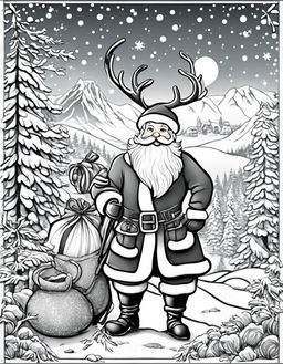 An adult coloring page featuring a detailed image of Santa Claus with his sack of gifts, reindeer, and a snowy North Pole landscape