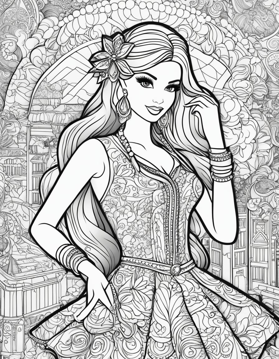 Black and white colouring book page featuring Barbie in fashionable outfit with whimsical background elements.