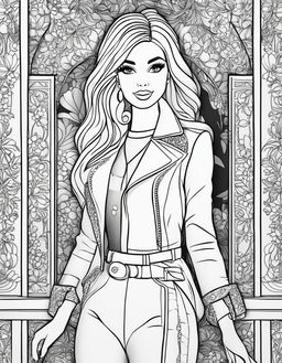 Black and white colouring book page featuring Barbie in fashionable outfit with whimsical background elements.