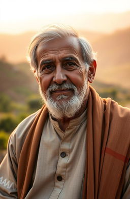 A dignified portrait of Chaudhry Muhammad Afzal, an elderly man wearing traditional attire, including a shalwar kameez and a shawl draped over his shoulders