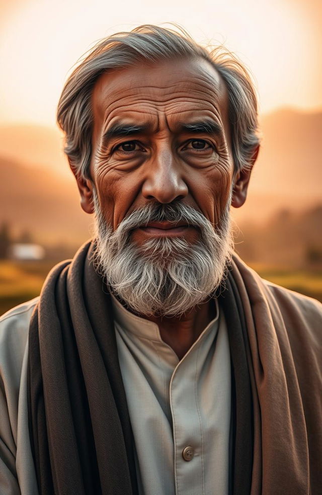 A dignified portrait of Chaudhry Muhammad Afzal, an elderly man wearing traditional attire, including a shalwar kameez and a shawl draped over his shoulders