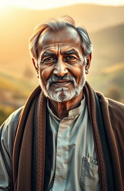 A dignified portrait of Chaudhry Muhammad Afzal, an elderly man wearing traditional attire, including a shalwar kameez and a shawl draped over his shoulders