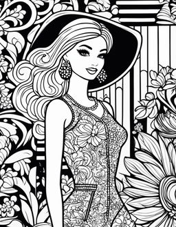 Black and white colouring book page featuring Barbie in fashionable outfit with whimsical background elements.