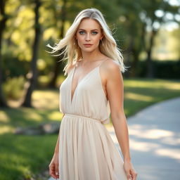 A 38-year-old blonde woman with striking blue eyes, standing gracefully in a full-length, softly flowing, semi-transparent dress