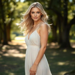 A 38-year-old blonde woman with striking blue eyes, standing gracefully in a full-length, softly flowing, semi-transparent dress