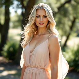 A 38-year-old blonde woman with striking blue eyes, standing gracefully in a full-length, softly flowing, semi-transparent dress