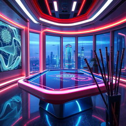 A futuristic billiard room featuring advanced technology and sleek design elements