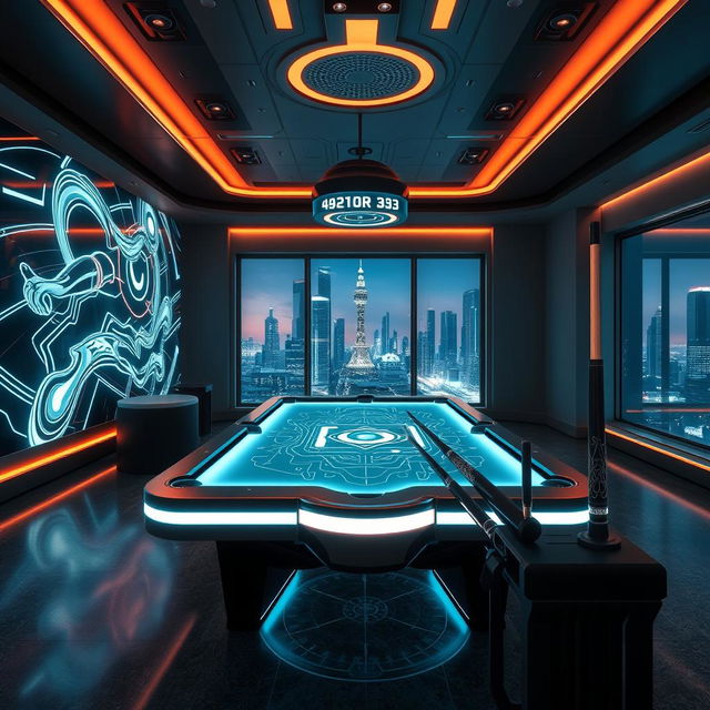 A futuristic billiard room featuring advanced technology and sleek design elements