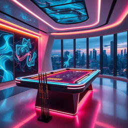 A futuristic billiard room featuring advanced technology and sleek design elements