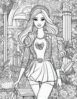 Black and white colouring book page featuring Barbie in fashionable outfit with whimsical background elements.