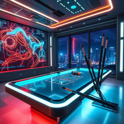 A futuristic billiard room featuring advanced technology and sleek design elements