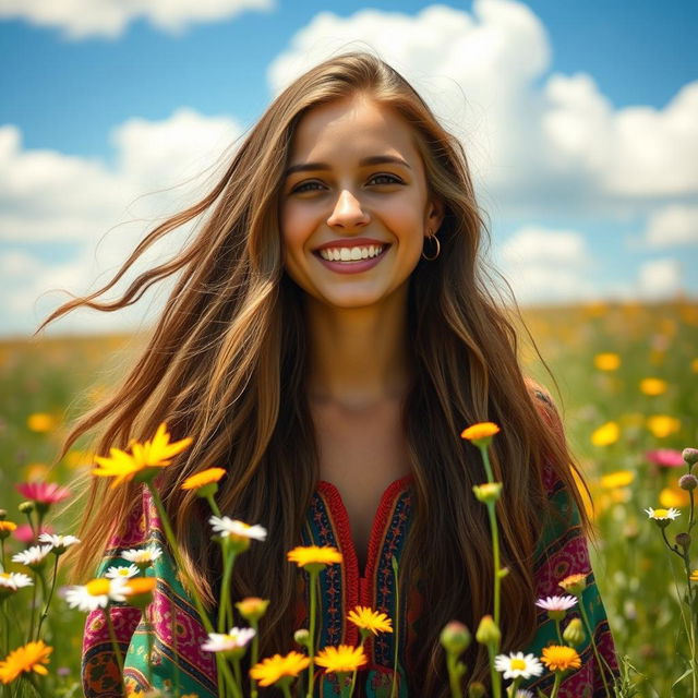 A portrait of a vibrant young woman with long flowing hair, wearing a colorful bohemian dress, surrounded by blooming wildflowers in a sunny meadow, her expression joyful and serene