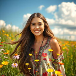 A portrait of a vibrant young woman with long flowing hair, wearing a colorful bohemian dress, surrounded by blooming wildflowers in a sunny meadow, her expression joyful and serene