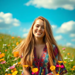 A portrait of a vibrant young woman with long flowing hair, wearing a colorful bohemian dress, surrounded by blooming wildflowers in a sunny meadow, her expression joyful and serene