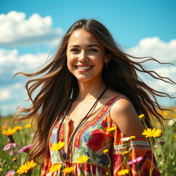 A portrait of a vibrant young woman with long flowing hair, wearing a colorful bohemian dress, surrounded by blooming wildflowers in a sunny meadow, her expression joyful and serene