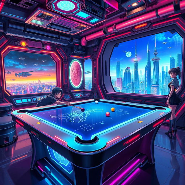 A vibrant futuristic anime-style billiard room, featuring a sleek and stylish billiard table embedded with glowing effects and a holographic display