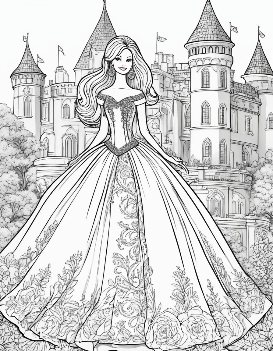 Black and white colouring book page featuring Barbie in a ball gown with a castle background.