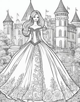 Black and white colouring book page featuring Barbie in a ball gown with a castle background.