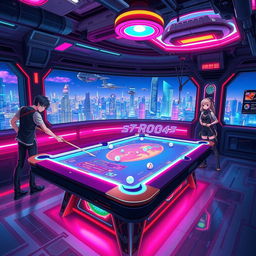 A vibrant futuristic anime-style billiard room, featuring a sleek and stylish billiard table embedded with glowing effects and a holographic display