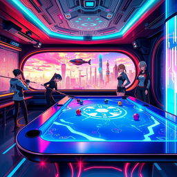 A vibrant futuristic anime-style billiard room, featuring a sleek and stylish billiard table embedded with glowing effects and a holographic display