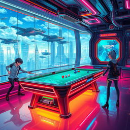 A vibrant futuristic anime-style billiard room, featuring a sleek and stylish billiard table embedded with glowing effects and a holographic display