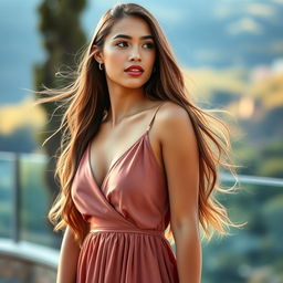 A beautiful young woman wearing a stylish nip slip clip dress, exuding elegance and confidence