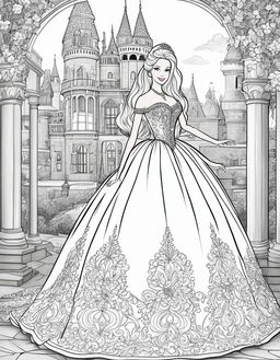 Black and white colouring book page featuring Barbie in a ball gown with a castle background.