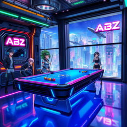 A vibrant futuristic anime-style billiard room featuring a sleek billiard table with glowing edges and a holographic scoreboard