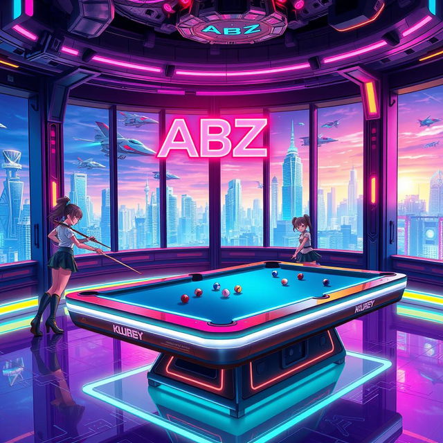 A vibrant futuristic anime-style billiard room featuring a sleek billiard table with glowing edges and a holographic scoreboard