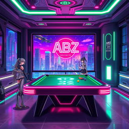 A vibrant futuristic anime-style billiard room featuring a sleek billiard table with glowing edges and a holographic scoreboard