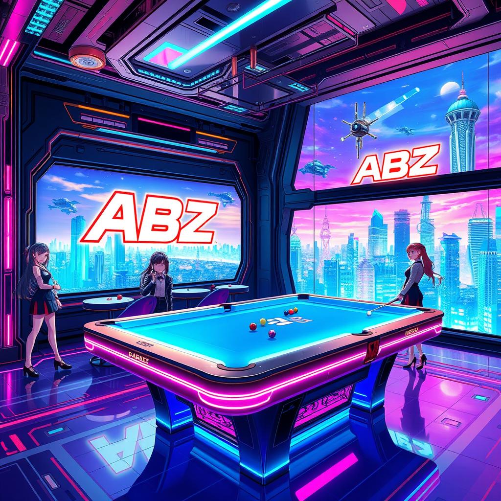 A vibrant futuristic anime-style billiard room featuring a sleek billiard table with glowing edges and a holographic scoreboard