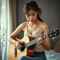 A beautiful Korean woman with a sad expression, playing an acoustic guitar