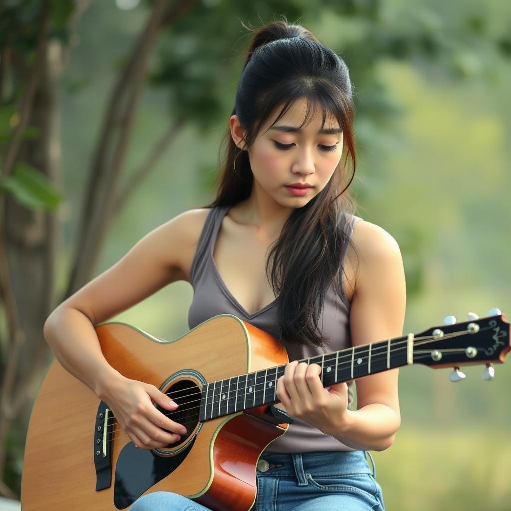 A beautiful Korean woman with a sad expression, playing an acoustic guitar