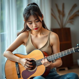 A beautiful Korean woman with a sad expression, playing an acoustic guitar