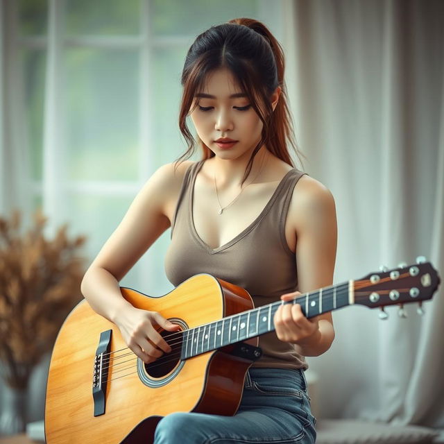 A beautiful Korean woman with a sad expression, playing an acoustic guitar