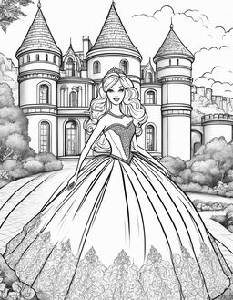 Black and white colouring book page featuring Barbie in a ball gown with a castle background.