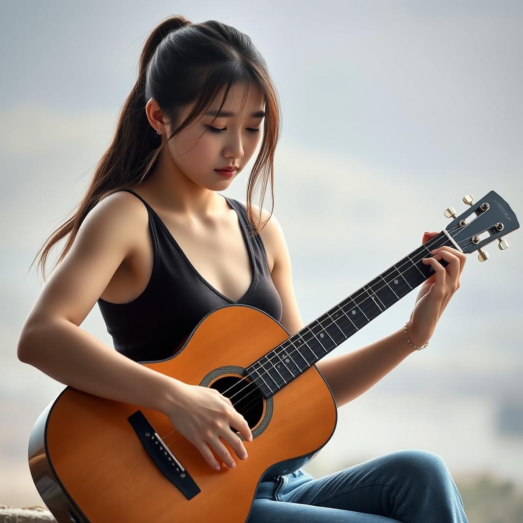 A cute and beautiful Korean woman with a sad expression, playing an acoustic guitar