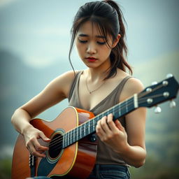 A cute and beautiful Korean woman with a sad expression, playing an acoustic guitar