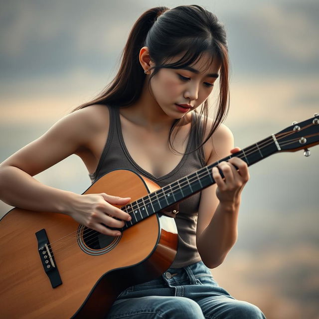 A cute and beautiful Korean woman with a sad expression, playing an acoustic guitar