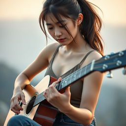 A cute and beautiful Korean woman with a sad expression, playing an acoustic guitar