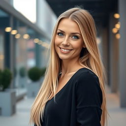 A beautiful 35-year-old woman with long, straight blonde hair and striking blue eyes