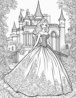 Black and white colouring book page featuring Barbie in a ball gown with a castle background.