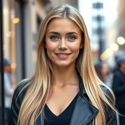 A beautiful 35-year-old woman with long, straight blonde hair and striking blue eyes